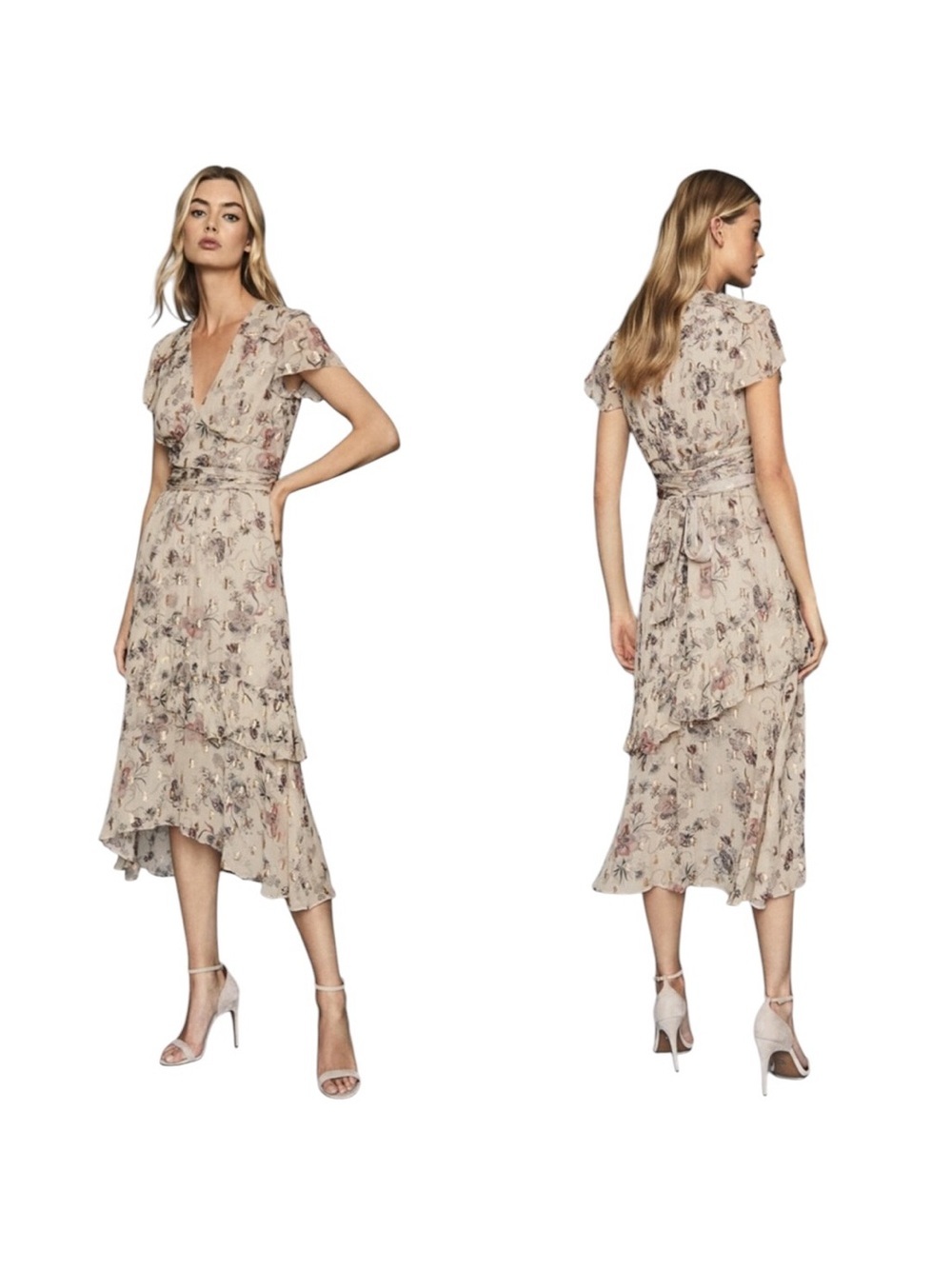 Reiss Audrey Floral Metallic Tie Waist Ruffled Midi Dress - Sz 6